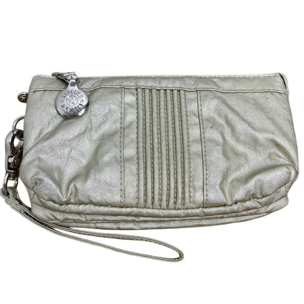 Kipling Metallic Silver Gray Wristlet Wallet Zip Travel Wallet Bag